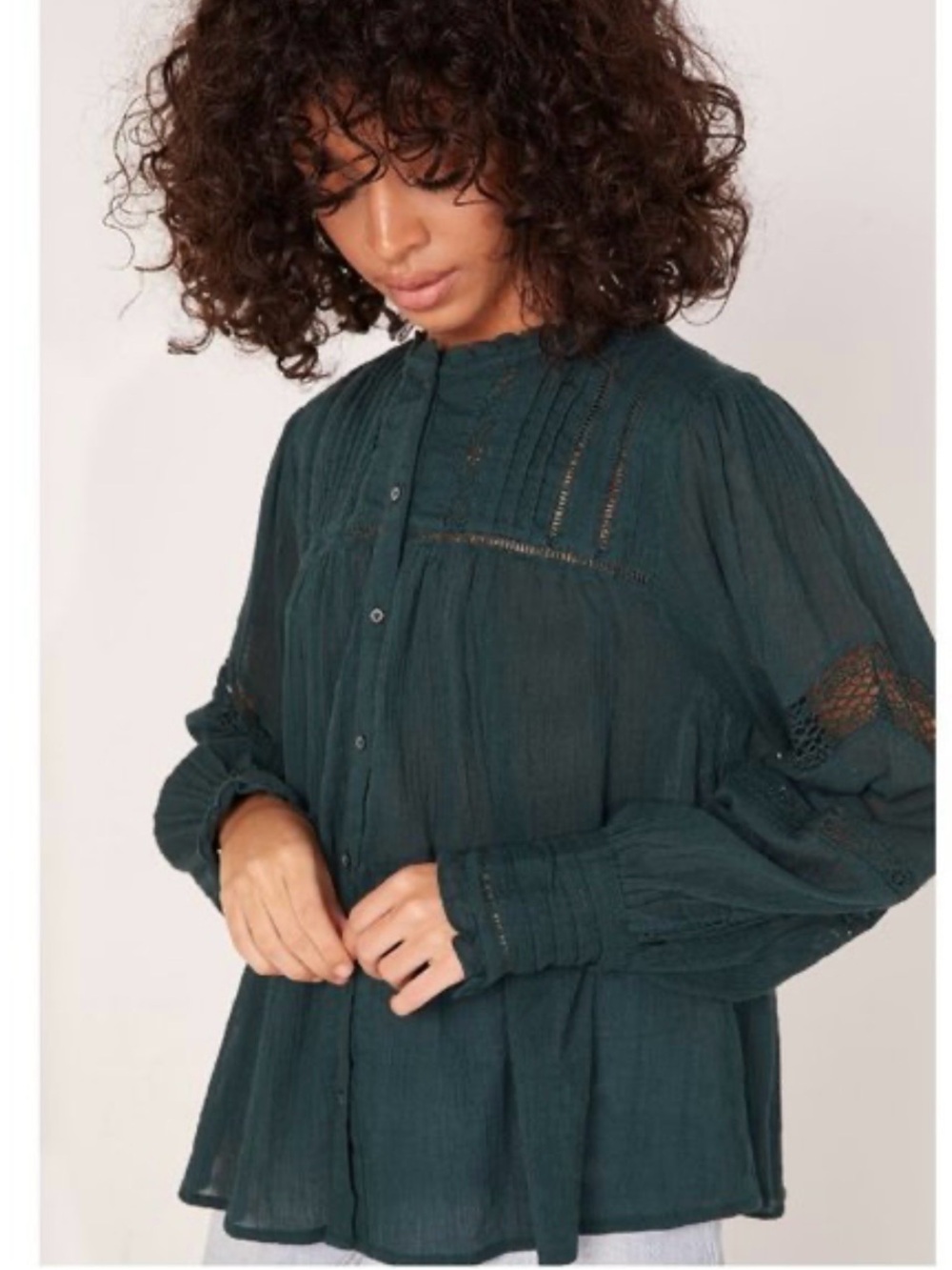 Free People Emma Eyelet Yoke Blouse Dark Green Lace Trim Boho Top